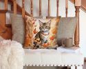 Owyhee Bob Cat in Fall Leaves Throw Pillow Machine Washable, Indoor Outdoor Decorative Pillow for Couch, Bed or Patio, 14Hx14W